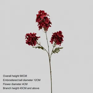Artificial 3-head burgundy hydrangea flower spray with 90cm stem for wedding decor