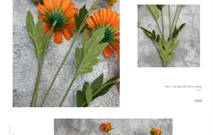 Nahaufnahme von hellorangen künstlichen Gänseblümchen mit realistischen grünen Blättern