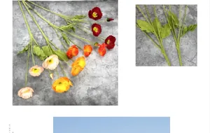 Detail of realistic artificial poppy flowers with flocked stems in various vibrant colors