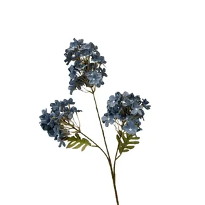 Artificial hydrangea with three dusty blue flower heads and green leaves for home decor