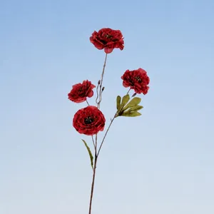 Rama de peonía artificial roja con 4 cabezas de flores y hojas verdes, altura de 88 cm