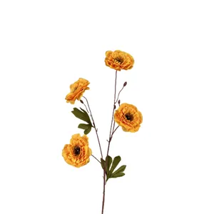 Rama de peonías camelia artificiales naranjas con 4 cabezas y hojas sobre fondo blanco