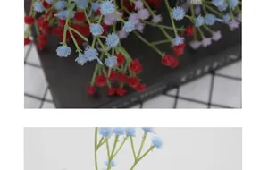 Close-up of colorful artificial baby's breath flowers in red, light blue and purple