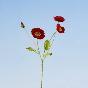 Artificial 4-head red poppy flower with 58cm stem for home wedding decoration