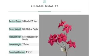Detailed dimensions of 75cm artificial 5-head silk flower bouquet in dark pink