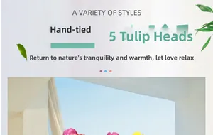 Detail view of 5-head handmade faux tulip bouquet with realistic texture and vibrant colors