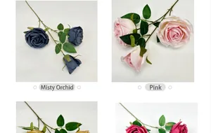 Detail of Austin silk roses in mist blue and pink with three heads and realistic leaves