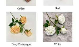 Detailed view of artificial Austin roses in coffee, red, champagne and white colors