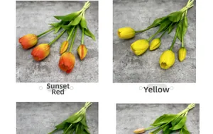 Close-up of lifelike sunset red and yellow artificial tulips with realistic PU petals