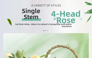 Detailed close-up of 4-head cream artificial roses with green leaves and woven handle