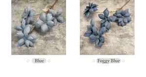 Detailed comparison of blue and haze blue artificial clematis flowers with multi-layer petals