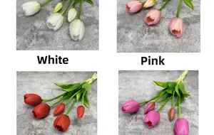 Detailed grid view of lifelike tulips in white, pink, red, and purple with tied stems