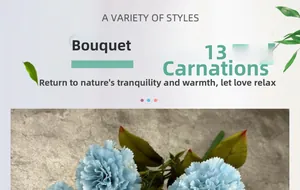 Detail of 13-head artificial light blue carnation bouquet with realistic fabric petals