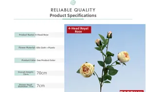 Macro detail of silk 4-head rose showing 70cm stem height and 7cm flower head diameter