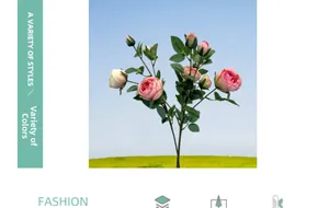 Detail view of 4-head artificial rose branch with pink and cream gradient silk petals
