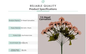 Detail of light pink artificial carnations with 13 silk flower heads and plastic stems