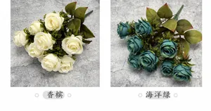 Close-up of artificial peony bouquets in champagne and ocean green for home decor