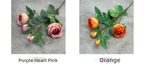 Detail view of 4-head artificial roses in purple heart pink and vibrant orange colors