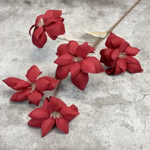 Artificial 5-head red silk magnolia bouquet for home and wedding decor in deep red finish