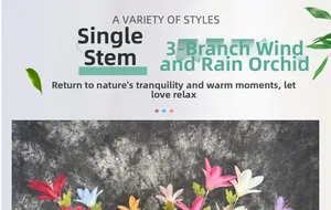 Detail showing multi-colored artificial rain lilies with single stem 3-fork design