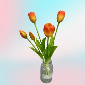 Realistic orange-yellow gradient tulip bouquet with 5 stems in a glass vase