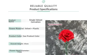 Detail view of red velvet carnation flower showing 59cm height and 11cm head diameter