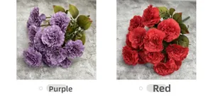 Detail of 13-head artificial carnation bouquets in vibrant purple and red colors