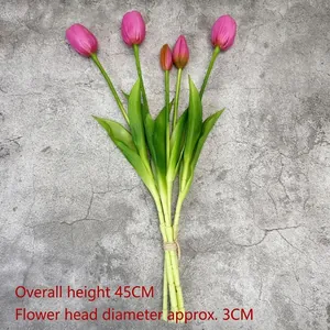 Artificial pink tulip bouquet 45cm tall with realistic green leaves and 5 stems
