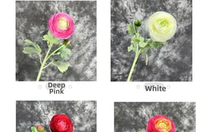 Close-up of artificial Ranunculus flowers in deep pink and white with flocked stems