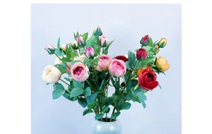 Detail of faux rose bouquet with pink and red petals in a ceramic vase for home decor