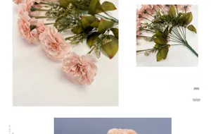 Detail of pink artificial carnation bouquet with realistic silk petals and green stems