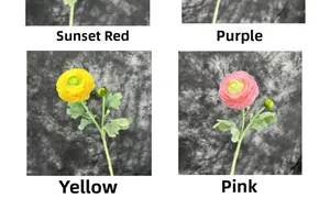 Detailed comparison of artificial ranunculus in sunset red, purple, yellow, and pink colors