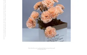 Close-up of 13-head orange-pink silk carnations in a vintage white paper flower bag