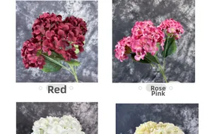 Detail view of artificial hydrangea flowers in red, rose red, white and yellow colors