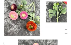 Detailed view of colorful artificial ranunculus flowers with flocked stems and buds
