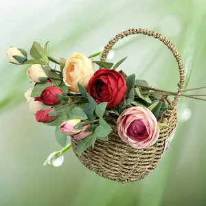 European 4-head artificial roses in a woven basket for home and wedding decor