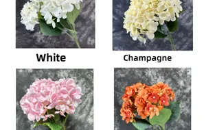Detail of colorful artificial hydrangea petals in white, champagne, pink and orange shades