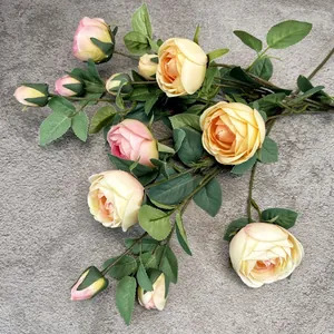 Artificial 4-head European rose bouquet in champagne and pink for home and wedding decor