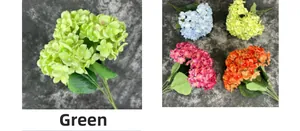 Close-up of artificial hydrangea petals in green, blue, and pink with realistic leaf texture