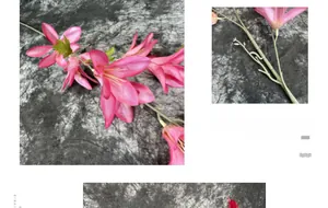 Close-up of pink artificial lily flower heads and realistic green stems texture