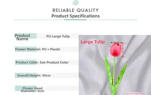 Detail view of pink PU tulip artificial flower showing 50cm height and 6cm head diameter