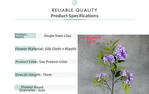 Detail of purple artificial lilac flower with silk petals and 75cm height specifications