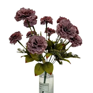 Artificial 13-head carnation bouquet in frosted glass vase for home and wedding decor
