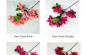 Detailed view of two-tone pink and purple artificial bougainvillea flowers with green leaves