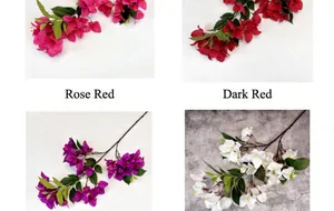 Detailed view of artificial bougainvillea stems in rose red, red, purple and white