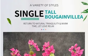 Detail of high-stem silk bougainvillea branch with vibrant magenta faux flowers