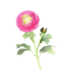Faux pink Persian Buttercup flower with two heads and realistic flocked foliage