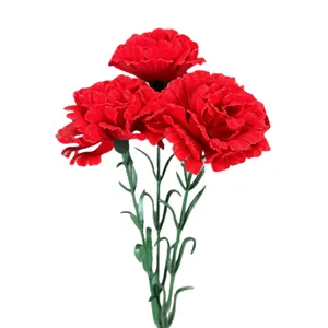 Three vibrant red artificial velvet carnation flowers with green stems for home decoration