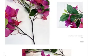 Macro detail of artificial bougainvillea with silk petals and textured wood-like stems