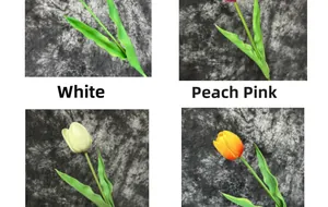 Detail view of colorful PU tulips featuring realistic texture and vibrant petals